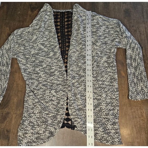Lace Back Boho Cardigan Open Front Knit Black White Crochet Med - Picture 8 of 10